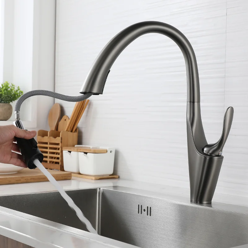 

Kitchen Sink Faucet Brass High Arch Pull Out 360Rotation Spray Mixer Faucets Brushed Nickel Deckmount Black Chrome Single Hole