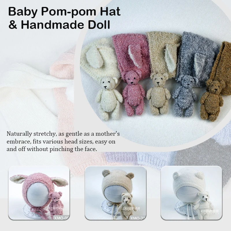 

Вязаная шапка с помпоном для новорожденных + кукла-медведь, 2 шт./компл., реквизит для фотосъемки, плюшевый мишка ручной работы, игрушка для маленьких мальчиков и девочек, эластичная теплая шапка