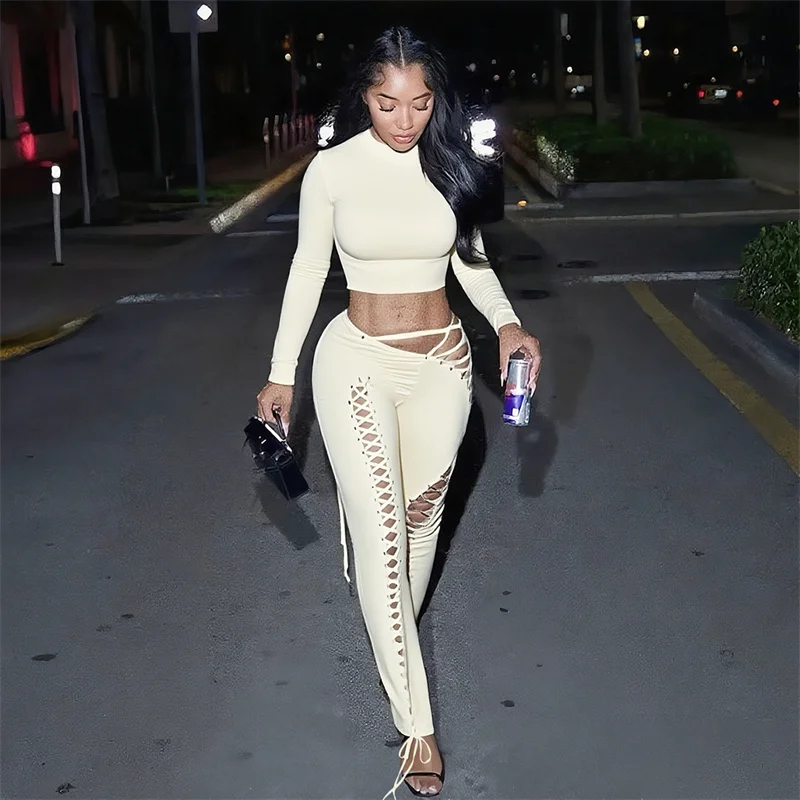 

Сексуальный комплект из 2 предметов на шнуровке для женского наряда Y2K Rave Clothes Bodycon, укороченный топ с длинными рукавами и брюки-карандаш, одинаковые комплекты