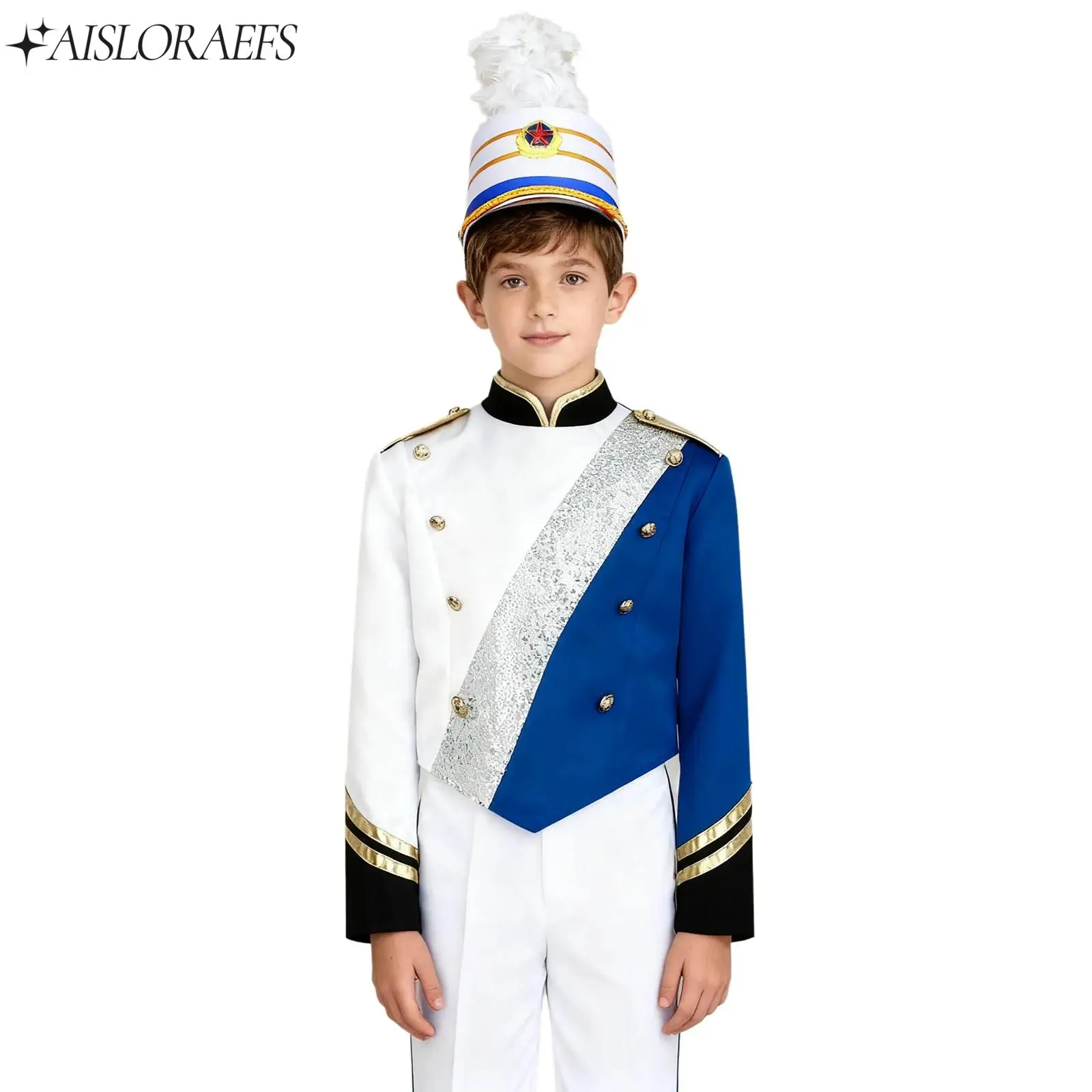 

Drum Major Outfit for Boys Kids Marching Band Uniform Costume Set Long Sleeve Tops Hats Set for Drummer Major Team Performance