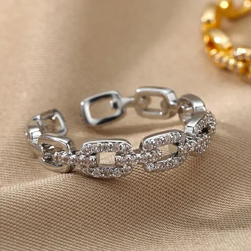 Classic Twist Chain Open Rings For Women Zircon Stainless Steel Geometric Twist Wrapped Couple Ring Wedding Aesthetic Jewelry