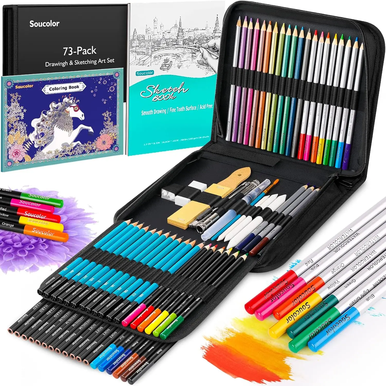 

73-Piece Complete Art Supplies Kit for Adults: Sketching, Drawing & Coloring with Pencils, Sketchbook & Travel Case