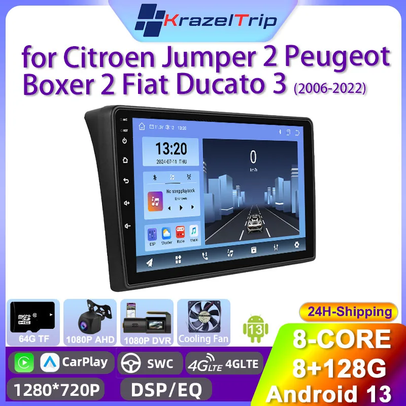 8 Core Car Radio Stereo for Citroen Jumper 2 Peugeot Boxer 2 Fiat Ducato 3 2006 - 2022 Carplay Andriod Auto QLED GPS Navi 2 Din