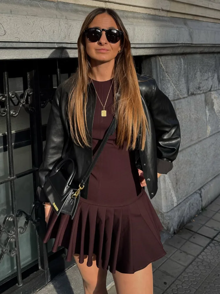 HH TRAF 2025 mujer elegante High Street ajustado vestido plisado con cremallera trasera moda mujer verano cuello redondo sin mangas Mini vestido sólido