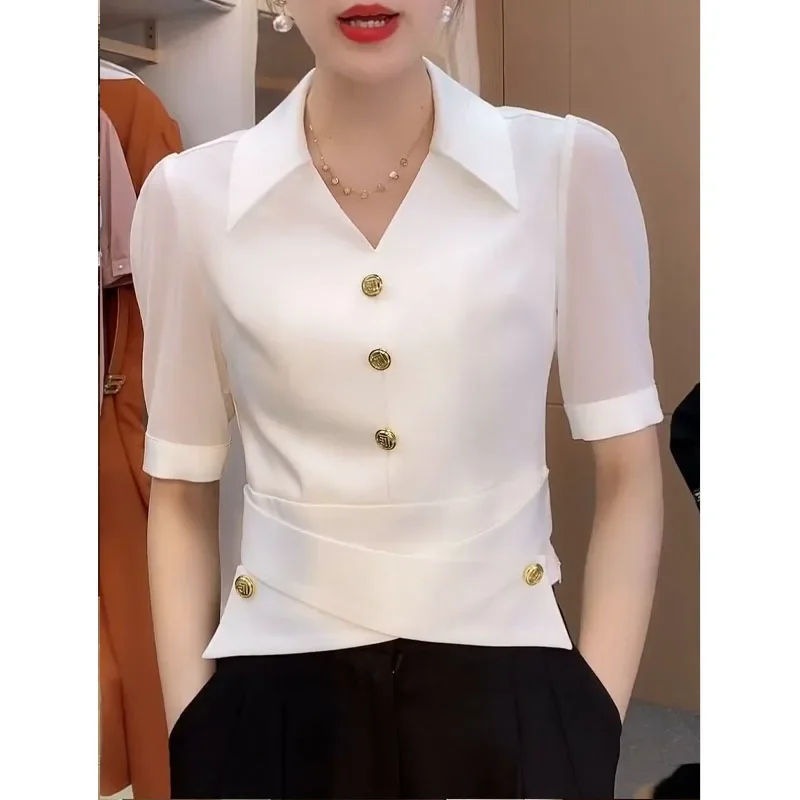 

Fashion Simplicity Polo Collar Net Yarn Short Sleeved Shirt Women Summer Temperament V-neck Casual All-match Office Lady Tops