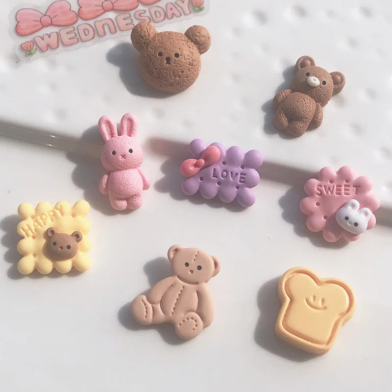 10Pcs Cute Bear Rabbit Biscuit Flat back Resin Cabochons Hair Bow Center DIY Embellishments for Scrapbooking Phone Decor