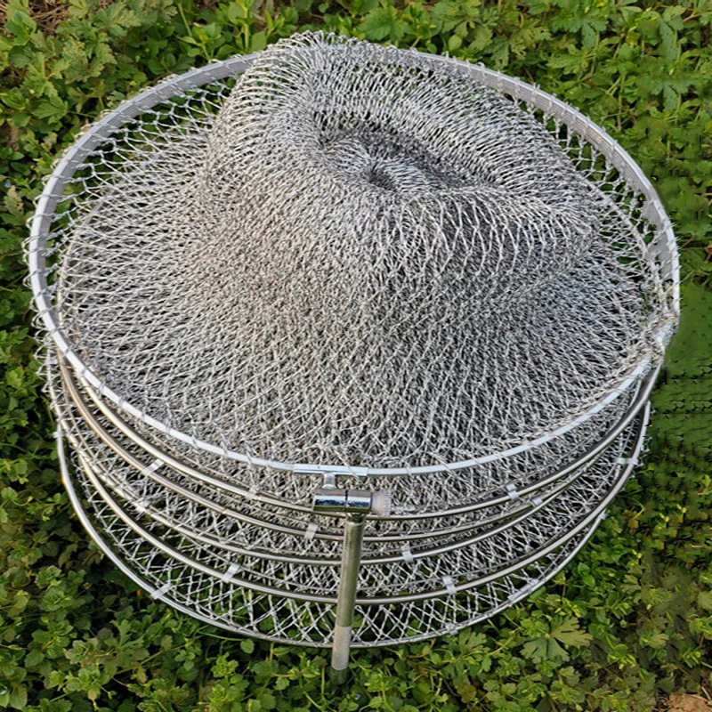 45cm Fishing Landing Net Handmade Grey Braided Line Hand Net Folding Quick-drying Net Cages Stainless Steel Rings Fishing Gear