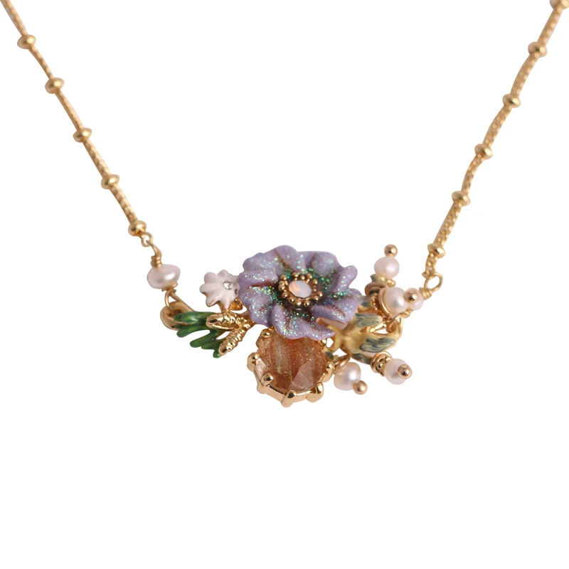 Light Luxury Niche Retro Fashion Purple Flowers Pendant Clavicle Chain Birthday Gift Hand-painted Enamel Natural Pearl Necklace