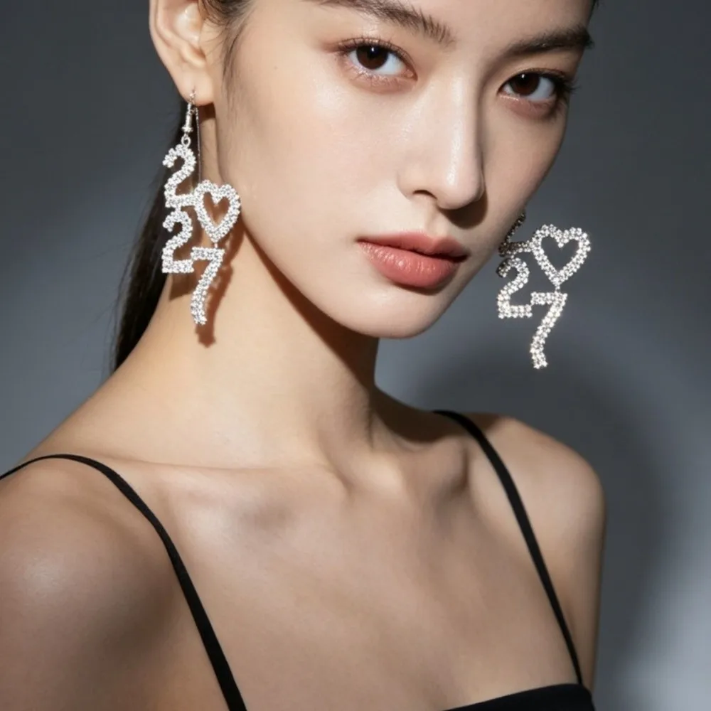 Elegant 2027 Digital Earrings Long Drop Love Heart Happy New Year Earrings Rhinestone Shiny Stud Earrings Celebration Holiday