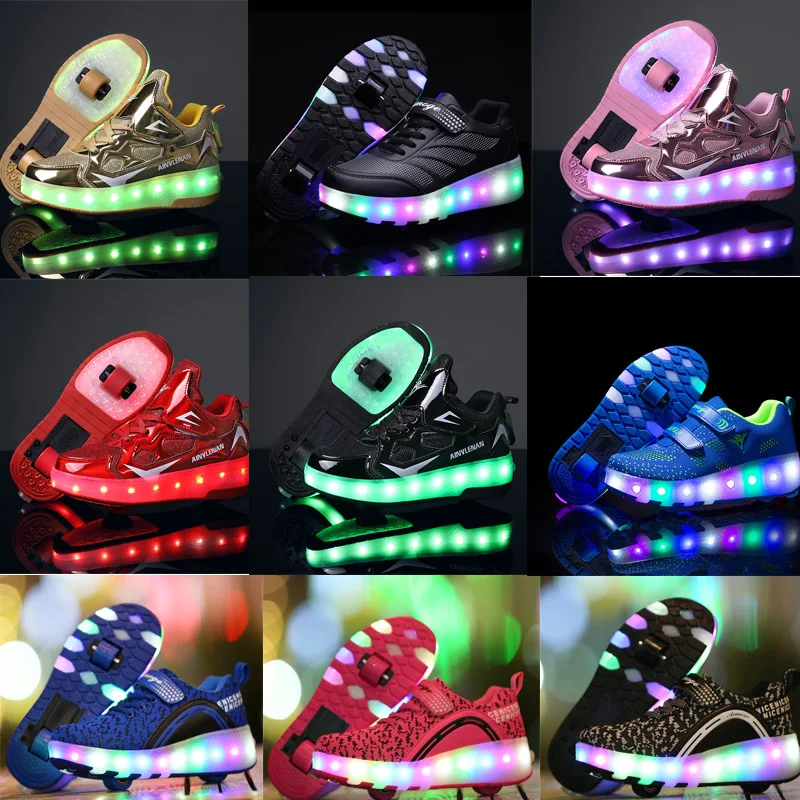 Led Kids 2 Wheels Skates Shoes Roller Outdoor Sneaker Detachable Skating Boys Girl 2 Row Black Gift Sliding Battery Rechargeable