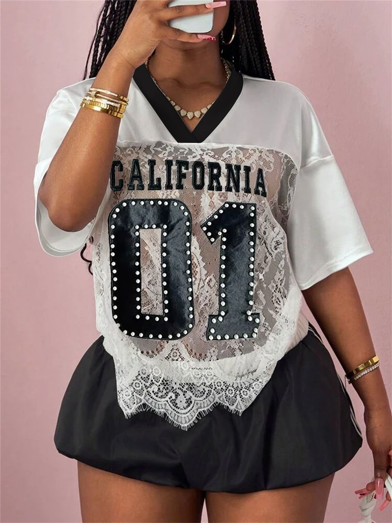 

STYLISH LADY Letter Number Printed Lace T Shirts 2025 Summer Women Half Sleeve V Neck Hollow Out Sexy Street Hip Hop Tops Tees