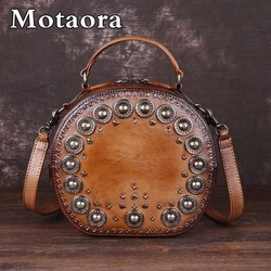 MOTAORA Vintage Handmade Shoulder Bags For Women Rivet Round Luxury Handbags Ladies Genuine Leather Bag For Woman Trend 2024 New