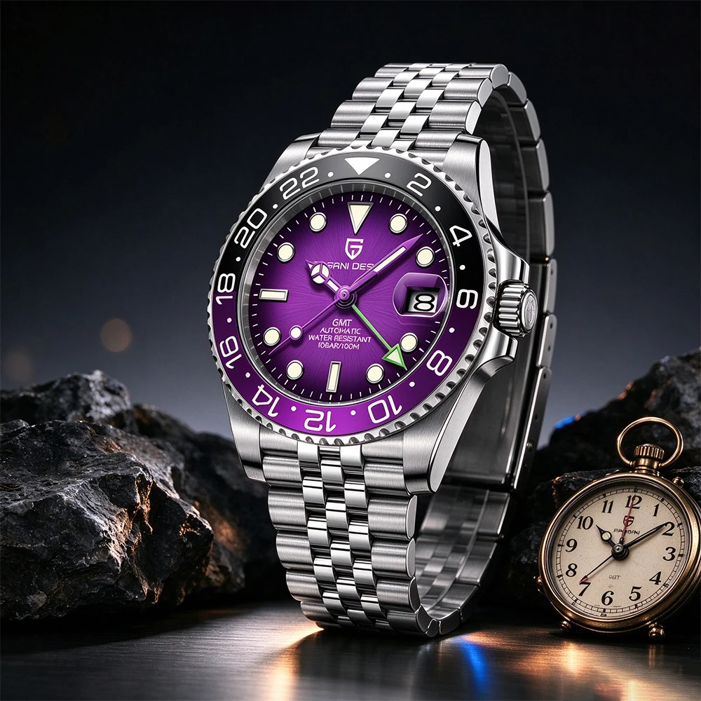 PAGANI DESIGN 40 GMT WATCH Dark Color Tone Men Mechanical Watch Jubilee Strap Sapphire Glass 100M Waterproof Stainless Steel Automatic Men Watch Gift Watches