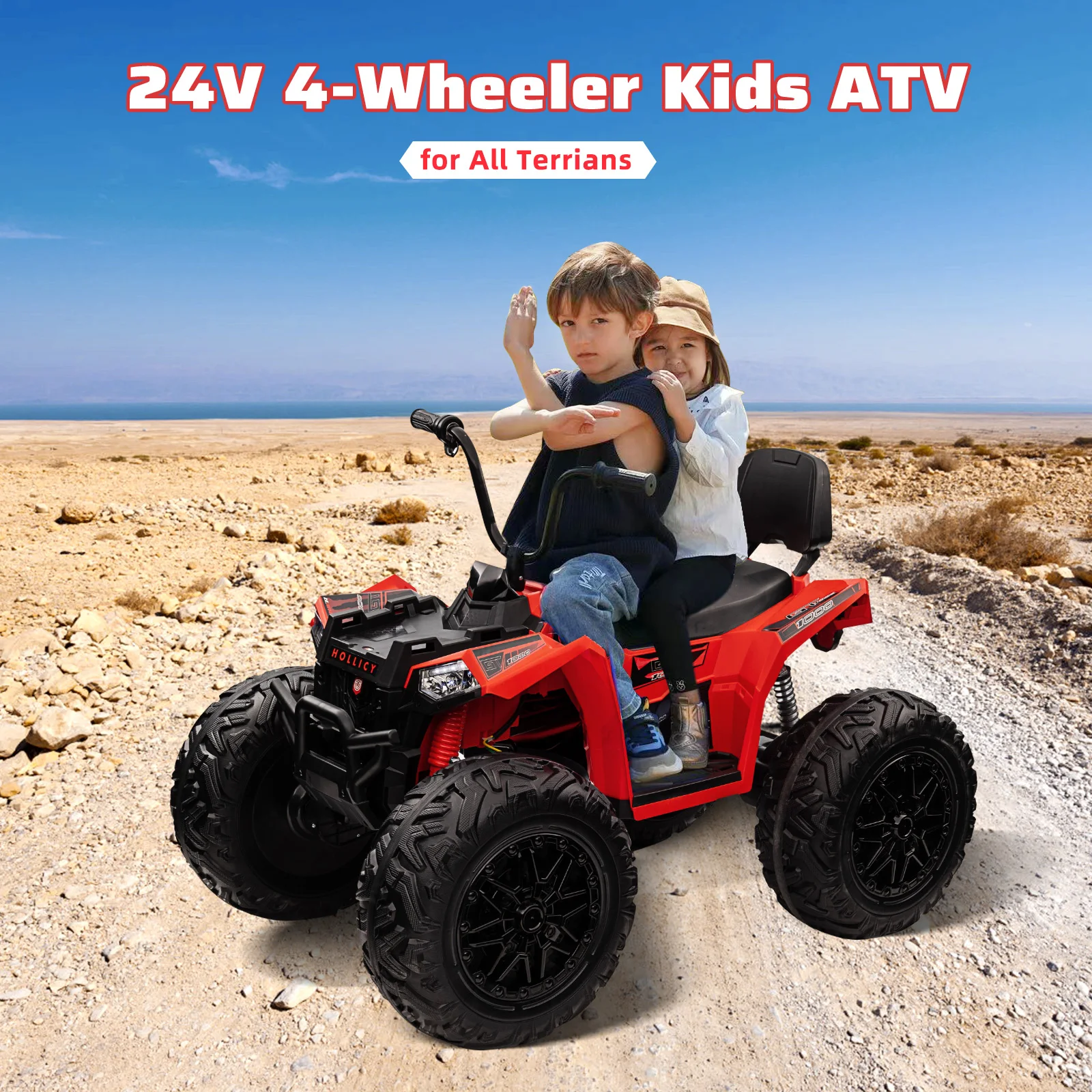 24V ATV voor kinderen, tweezits rit op auto 4WD quad elektrisch voertuig, 4x100W krachtige motor met 7AHx2 grote batterij gaspedaalhandgreep