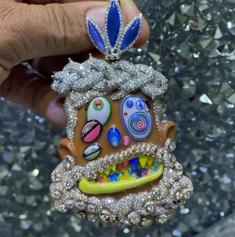 

Мужской кулон-монстр, кулон с муассанитом, украшение в стиле хип-хоп для рэперов, подарок в стиле стритвир, цепочка Cuban Link с блестками