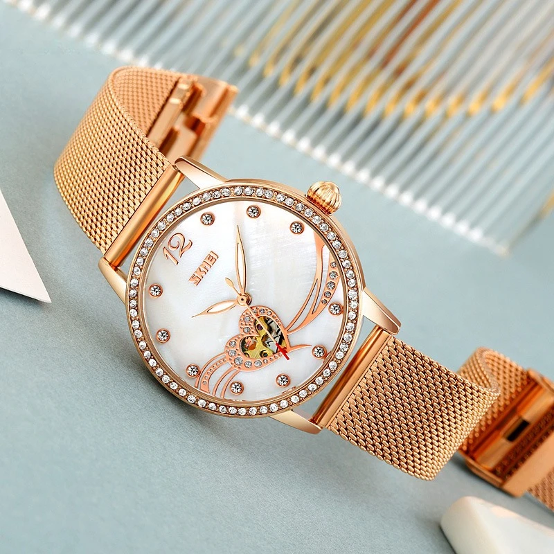 Luminous Skeleton Watch with Rhinestones, Elegant Heart Design, Self-Winding Mechanical Movement Women's Wristwatch