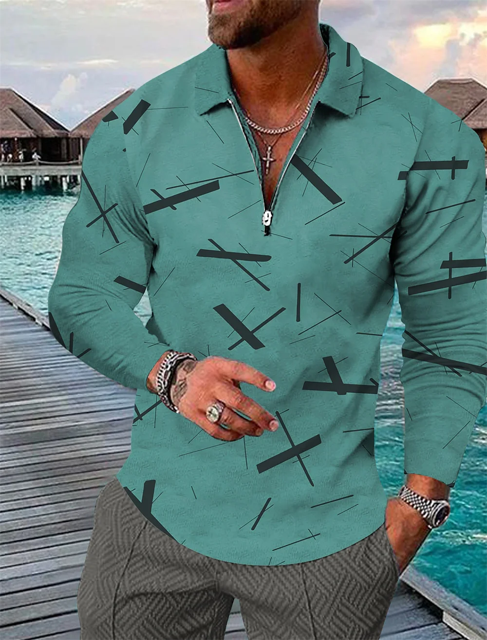 3D Pattern Print Golf Shirts Mens Hawaii Beach Zipper Design Mens Polo Shirts Tops Casual Sport Long Sleeve T-Shirt Man Clothing