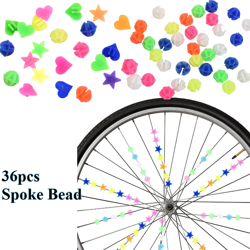 36pcs Bike Wheel Spoke Beads Multiple Colorful Heart-shaped Stars Steel Wire Spokes Decoration Children Bike Plastic Spoke Bead