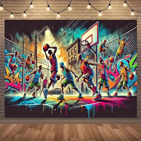 Streetball Graffiti Tapestry Urban Basketball Players Wall Art Hip Hop Sports Decor Colorful Spray Paint Style Hanging for Boys
