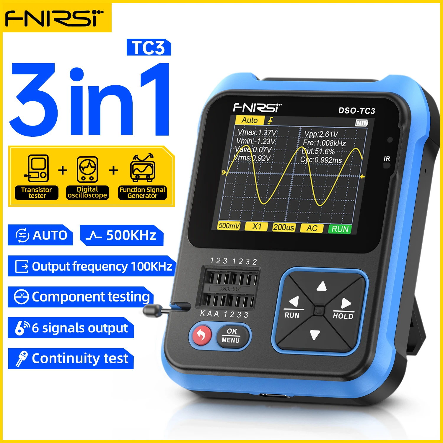 FNIRSI DSO-TC3 Handheld digitale oscilloscoop Transistortester 3-in-1 multifunctionele spanningsdetector PWM-signaalgenerator