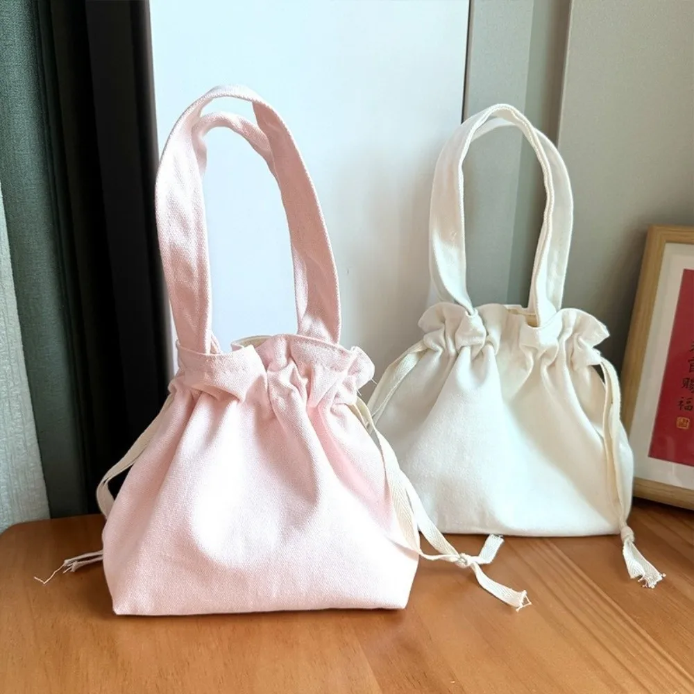 Portable Lightweight Canvas Handbag Solid Color Multifunctional Drawstring Storage Bag Large Capacity Coin Purse