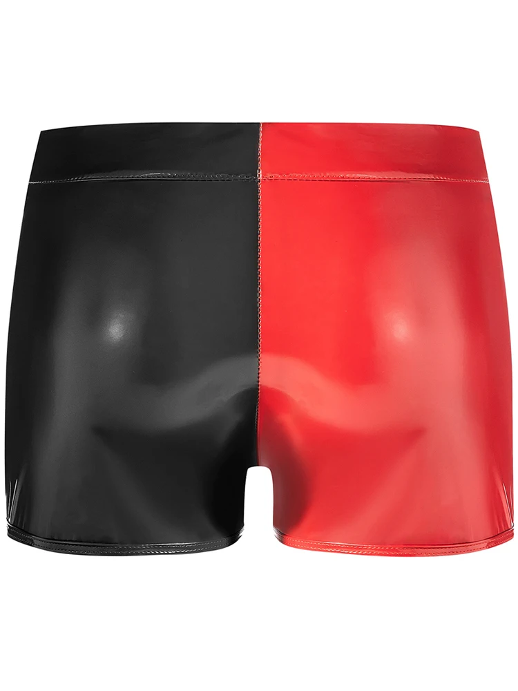 S-5XL Red And Black Wet Look PVC Shorts Shiny PU Leather Convex Pouch Boxer Zipper Trunks Bikini Briefs Boxershorts Calzoncillos