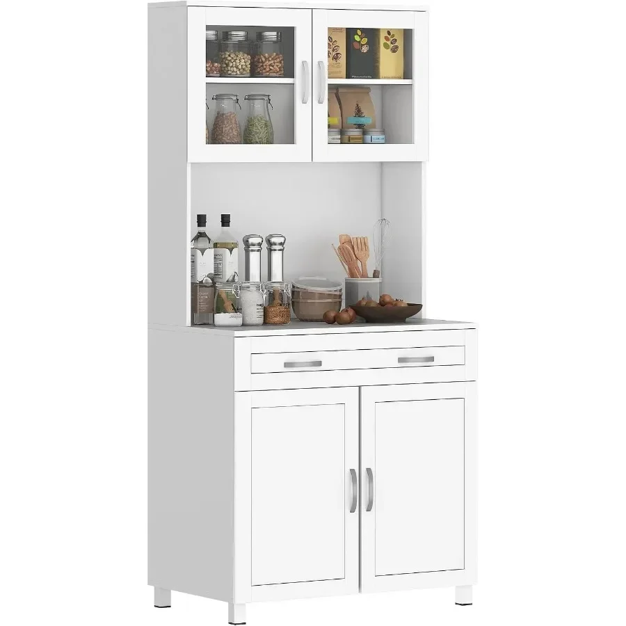 67 Pantry Cabinet Kitchen Hutch for Storage, White MDF with Tempered Glass Doors and Soft-Close Drawers