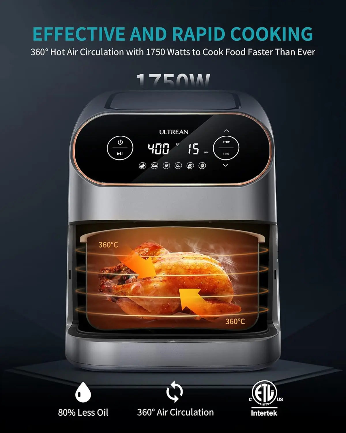 Electric Hot XL Airfryer Forno, fogão Oilless, tamanho grande família, painel de controle LCD Touch, cesta antiaderente, 9 Quart, 6 em 1