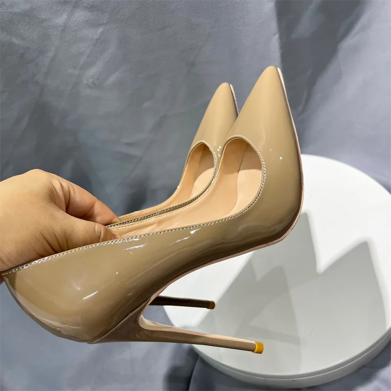 Heelgoo Dark Nude Women Patent leather Pointed Toe High Heels Solid Color Ladies Slip On Stiletto Pumps Fashion OL Dress Shoes