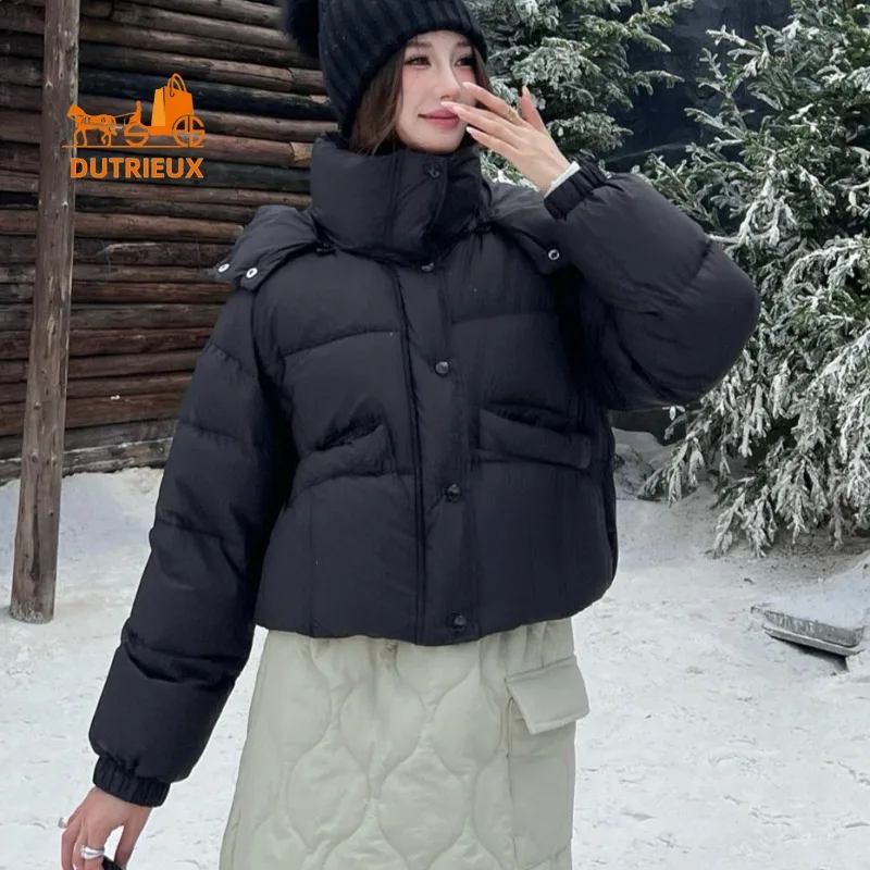 Winter Loose Stand-up Collar Detachable Hooded Short Woman Down Jacket, 90% White Goose Down Warm Windproof Fashion Jacket Women