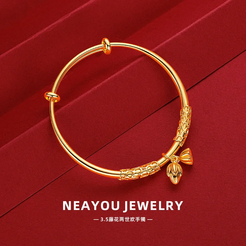 9999 Real Gold 24K New Chinese Lotus Lotus Bracelet Glossy Vine Two Worlds Bracelet