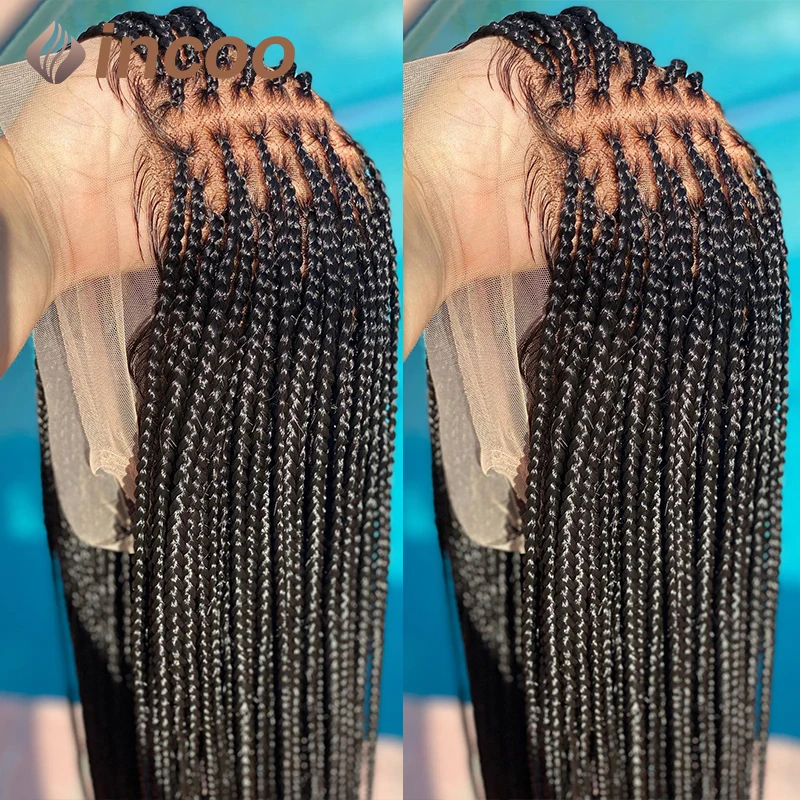 

36" Box Braided Wigs Synthetic Full Lace Braided Wigs for Black Women Cornrow Knotless Box Braids Wig African Square Hair Wigs