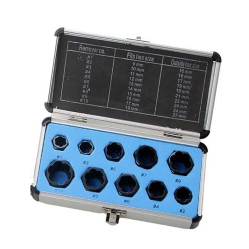 깨진 너트 추출기 세트, 알루미늄 상자, 깨진 와이어 볼트 추출기 헤드, 육각 나사 도구, 짧은 단락 재사용 가능, 10 개