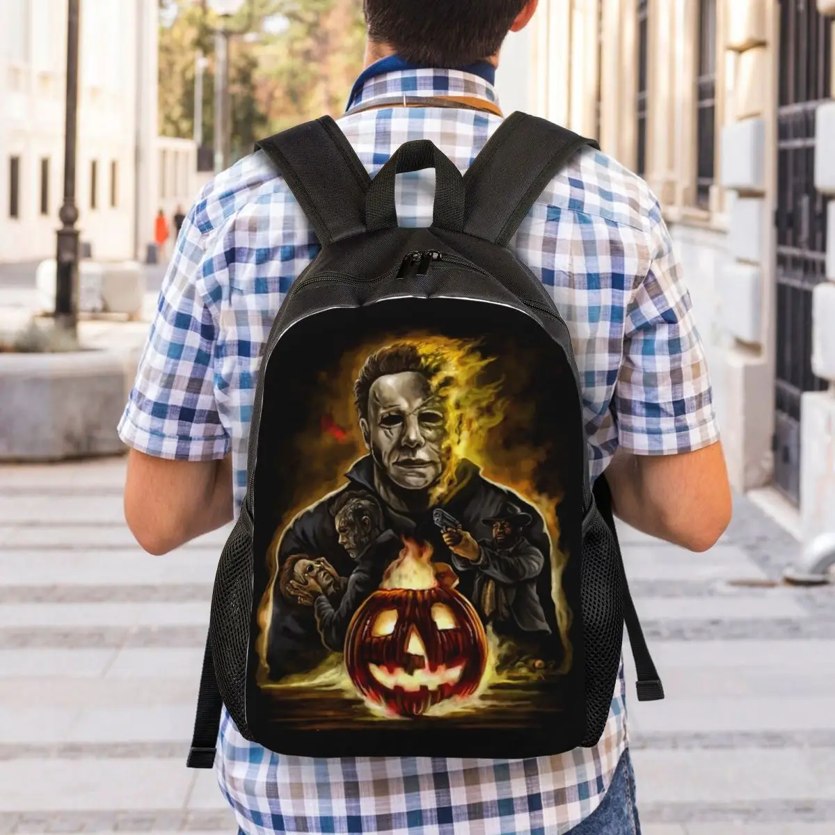 Mochilas personalizadas de Halloween para hombres y mujeres, bolsa de libros básica para la escuela, bolsas de película de terror para la universidad