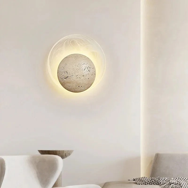 Japanese Wabi Sabi Yellow Travertine Wall Light Glass Lampshade LED for Living Room Bedroom Background Corridor Decor