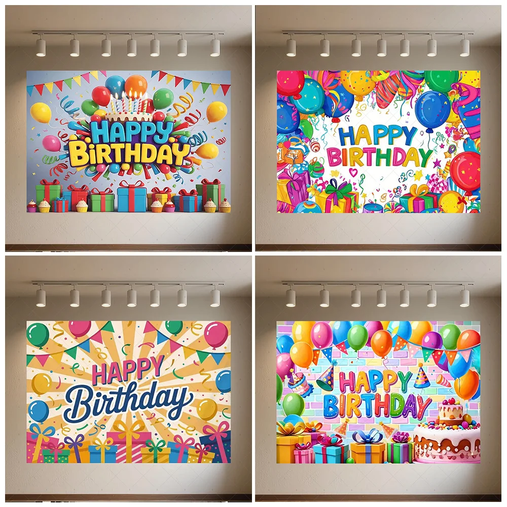 

Colorful Balloons Cake Background Banner Kids Birthday Party Decoration Fluorescent Happy Birthday Backdrop Photo Shoot Props