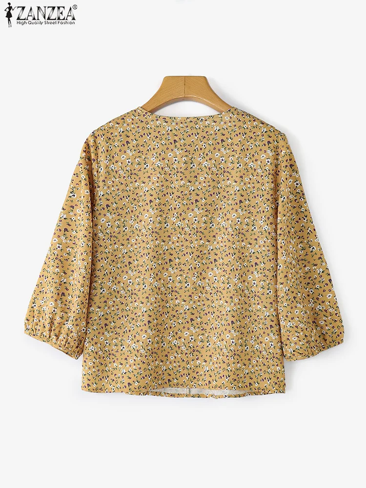 ZANZEA 2025 Camicie estive da donna Camicetta con stampa floreale bohemien Top Moda fasciatura pieghettata Casual Manica 3/4 Vintage Blusas Femme