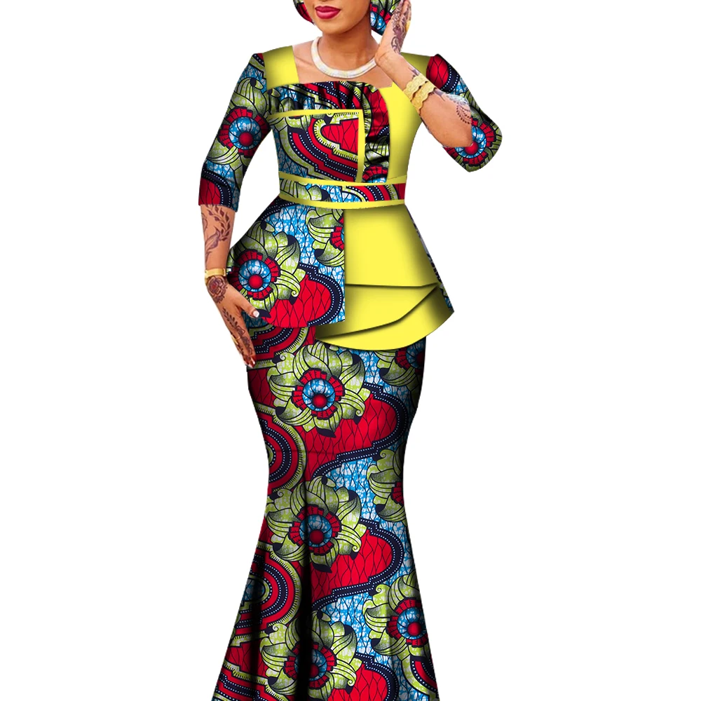 Conjunto de 2 piezas de faldas y Tops con estampado africano, trajes africanos para mujer, blusa con volantes y falda larga, trajes de talla grande WY6592