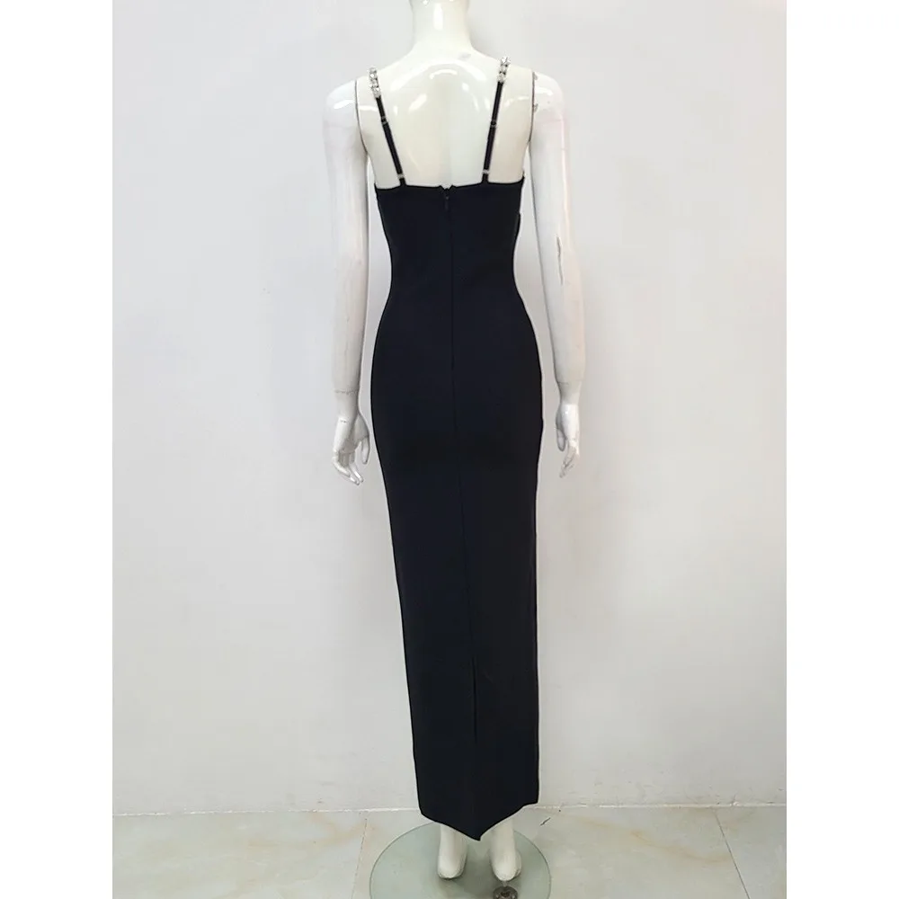 2024 New Women Sexy Sleeveless Backless Diamonds Black Long Bandage V-neck Dress Club Evening Robe Stage Performance Dress