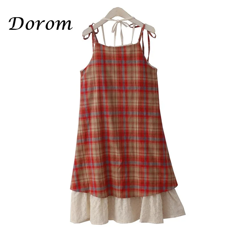 Vintage Lace Patchwork Plaid Spaghetti Strap Dress Women Summer Japanese Mori Girl Sleeveless Loose Cotton Linen Beach Vestidos