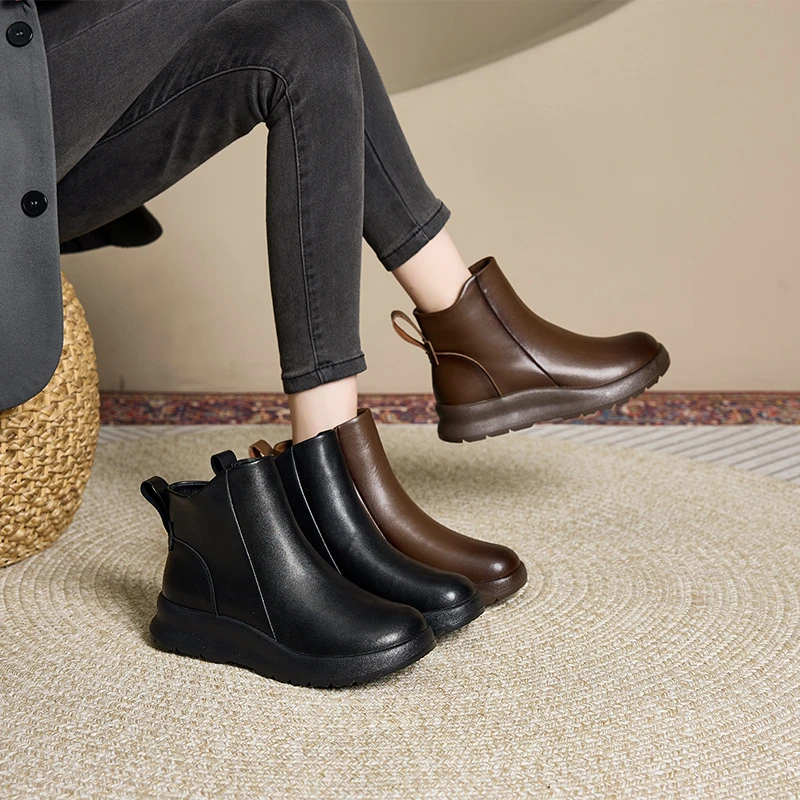 

Women Genuine Leather Ankle Boots 2026 New Round Toe Slip On With Elastic Side Panel Thick Sole In Black And Brown For Casual