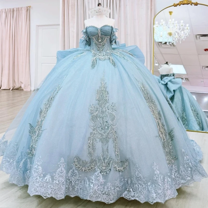 

Blue Shiny Quinceanera Dresses Off The Shoulder Applique Lace Beading Crystal Bow Tull Corset Party Birthday Sweet 16 Dres