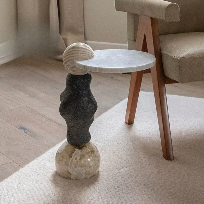 【Natural】Nordic Creative Natural Marble Art Side Table Designer Mini Coffee Table for Living Room Sofa