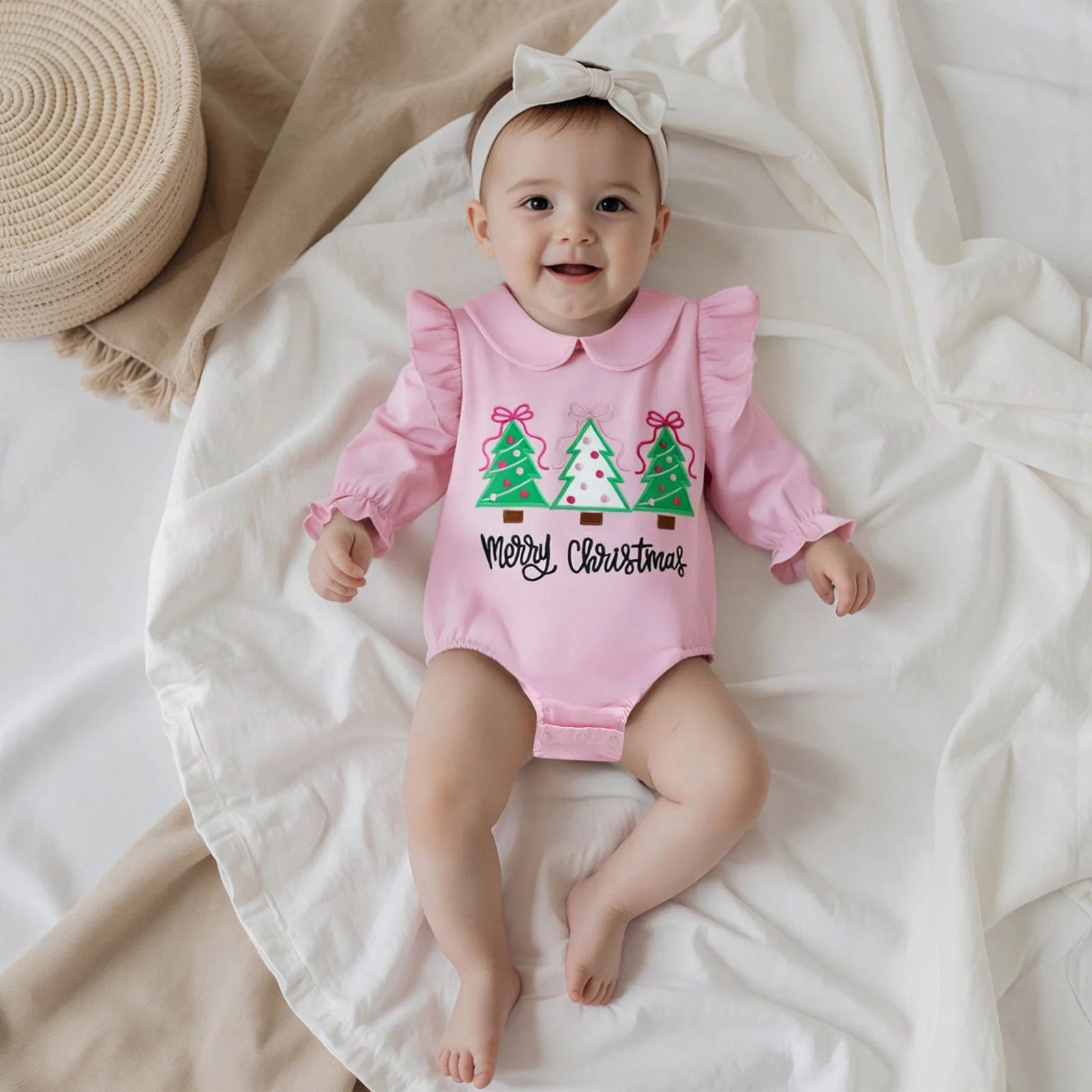 

Комбинезон с пузырьками для маленьких девочек, боди с вышивкой в виде рождественской елки, круглым вырезом и длинными рукавами, одежда с рюшами