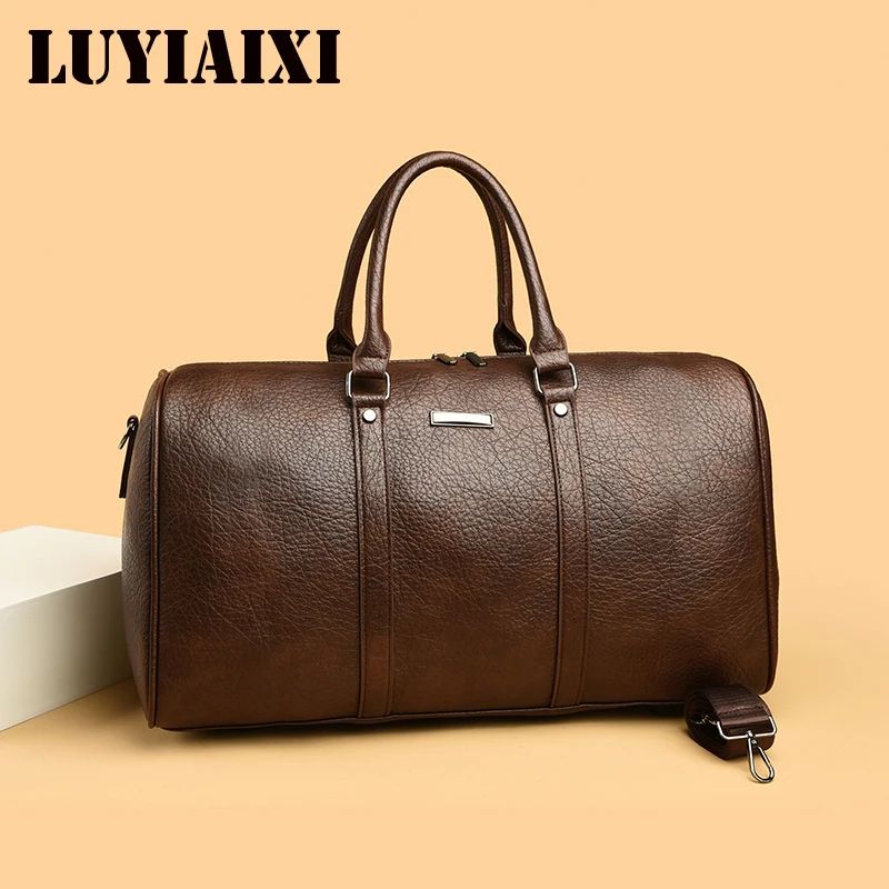 Luxury Genuine Soft Pu Leather Men Women Bag Cow Leather Carry On Luggage Travel Shoulder Bag Male Female Weekend Duffle Sac