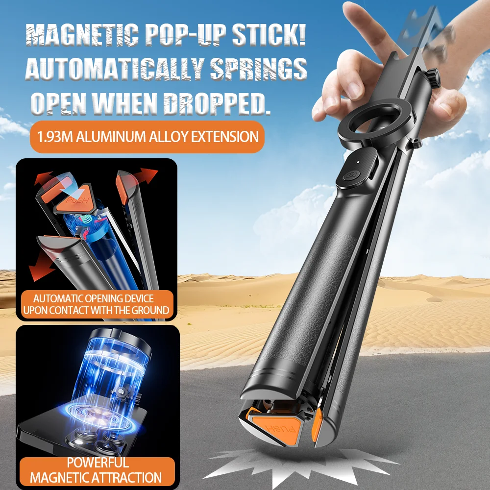

Magnetic Phone Tripod,76" Auto-Open Phone Stand with Metal Ring & Rechargable Remote,Portable Selfie Stick with Magnetic Holder