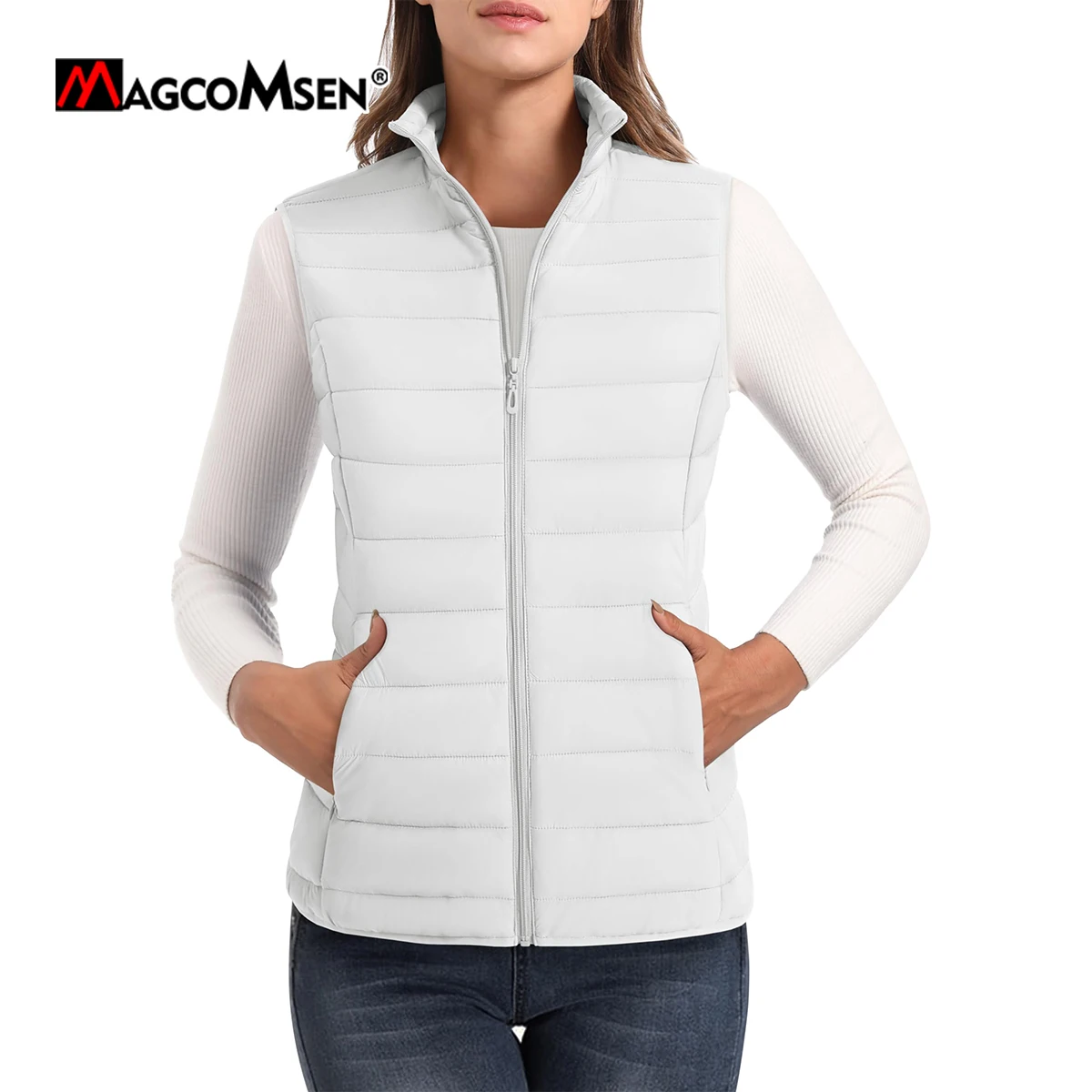 MAGCOMSEN Fall Winter Casual Vests Womens Lightweight Sleeveless Stand Collar Zip Up Jackets Waterproof Outerwear Vests