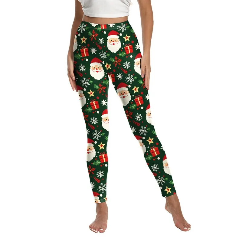 Women Christmas Themed Cartoon Print Leggings High Waist Slim Stretchy Trousers for Holiday Party