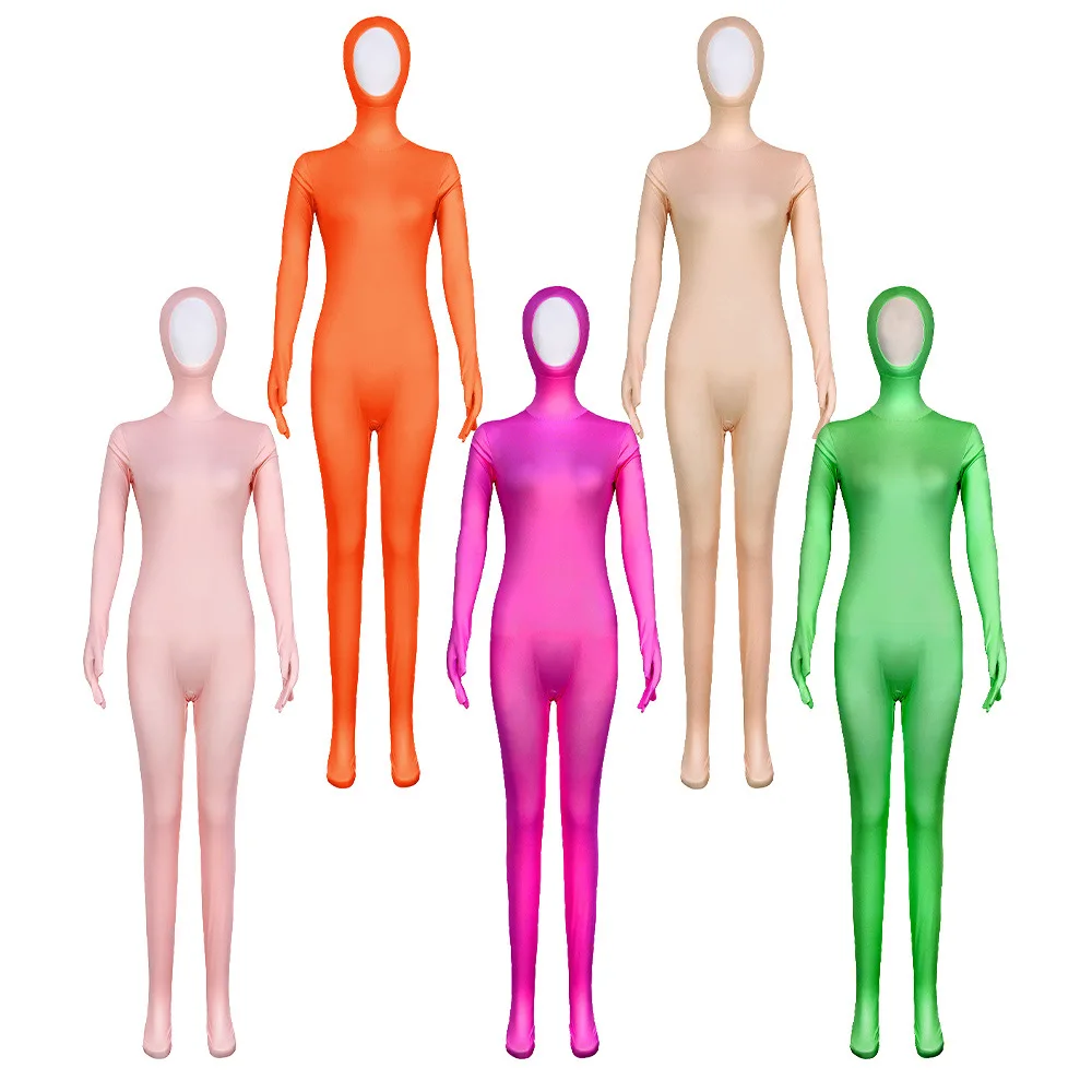 Orange Full Coverage Face  Bodysuit with Hands Unisex Stage Performance Uniform  Color Tight Fit Costume