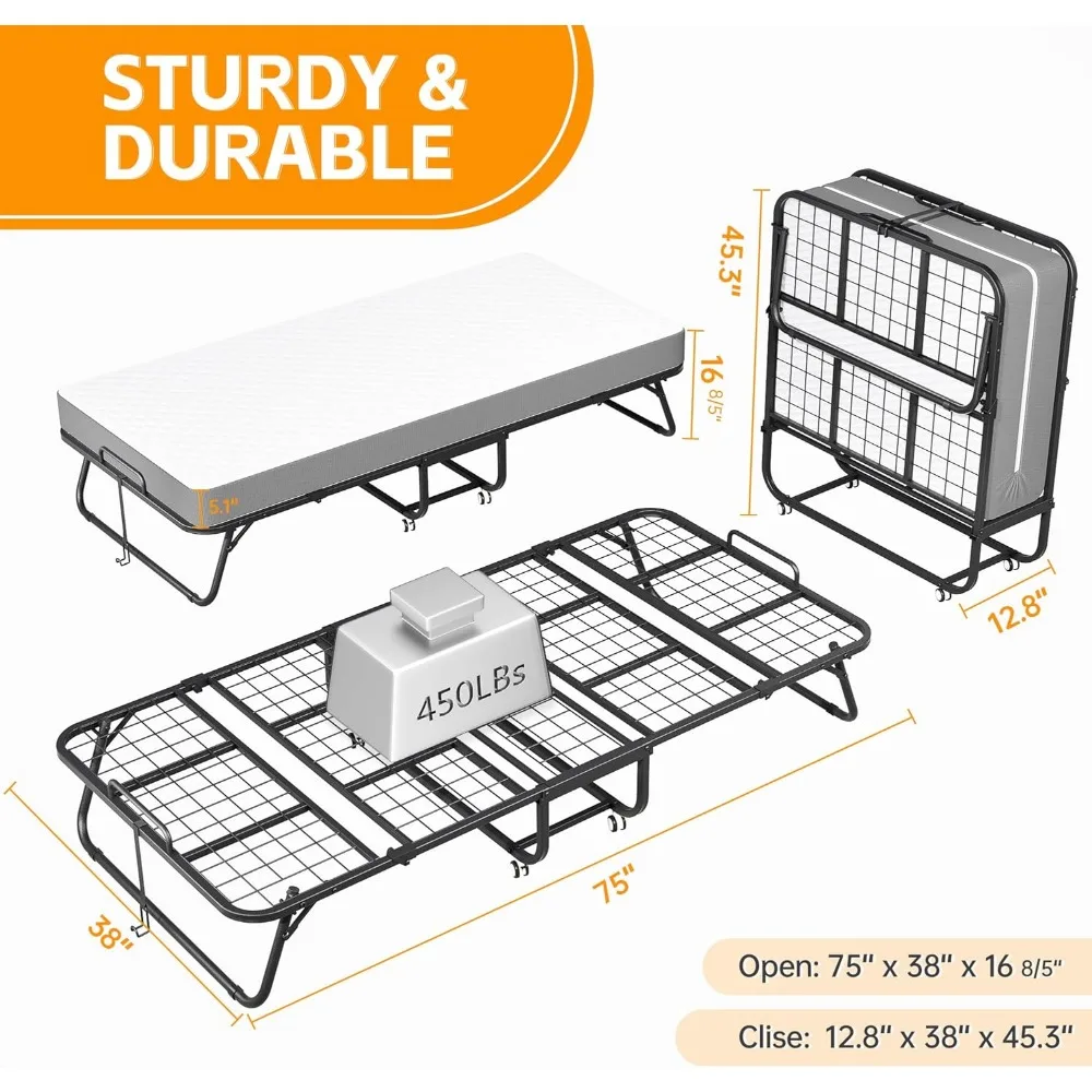 سرير قابل للطي محمول للبالغين مع مرتبة، سرير ضيوف قابل للطي مقاس 75 × 38 للبقاء طوال الليل، مريحة للنوم المؤقت #3